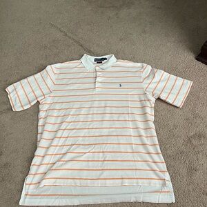 Polo by Ralph Lauren Men's White and Orange Striped Polo Shirt